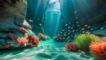 Underwater Scene with Coral and Fish in Sunlight photo