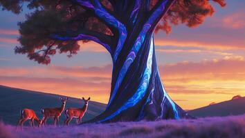 Deer and Tree in Field at Sunset photo
