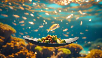 Brussel Sprouts and Crumble on Plate Underwater with Fish photo