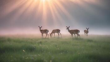 Deer in Foggy Meadow with Sunlight photo