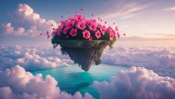Floating Island with Pink Hibiscus Flowers in Cloudscape photo
