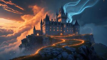 Castle on a Cliff with Glowing Path and Sky photo