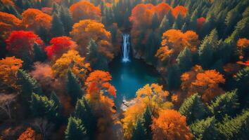Waterfall in Autumn Forest From Above Beautiful Nature Scene photo
