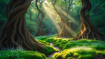 Lush Forest with Sun Rays and Mossy Ground photo