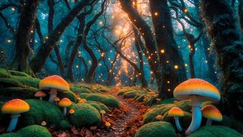 Mushroom in Enchanted Forest with Glowing Lights photo