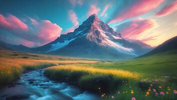 Mountain Peak with Snowy Slopes and Pastel Sky photo