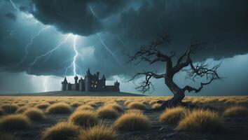 Castle Under Stormy Skies with Lightning photo