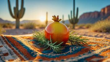 Pomegranate and Rosemary on Textile in Desert photo