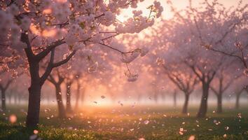 Cherry Blossom Trees with Falling Petals in a Field photo