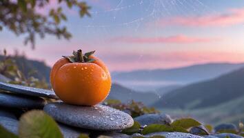 Persimmon on Rocks with Dew and a Distant Mountain View photo