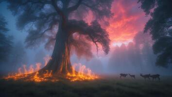 Tree with Deer in Misty Forest at Sunset photo