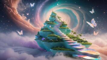Island with Stairs and Butterflies in a Dreamy Galaxy photo