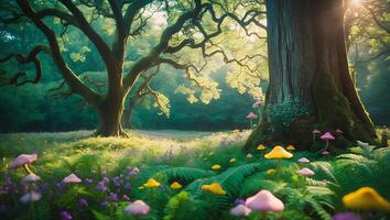 Forest with Trees Mushrooms Flowers and Sunlight photo