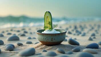 Cucumber Slice with Creamy Dip on a Sandy Beach photo
