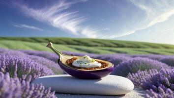 Eggplant Dessert on Stone in Lavender Field photo