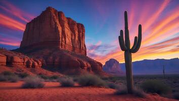 Desert Landscape with Cactus and Red Rock Formations at Sunset photo