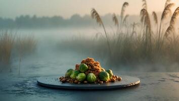 Brussels Sprouts with Crumbs and Almonds on Plate photo