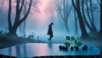 Blueberry on Tree Stump in Foggy Forest with Walking Person photo