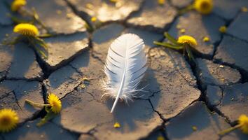 White Feather on Cracked Earth with Yellow Flowers photo