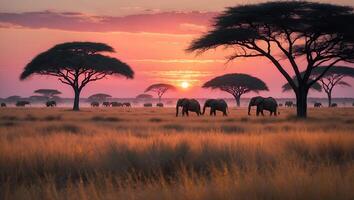 Elephants Walking in Savannah at Sunset with Silhouette Trees Landscape photo