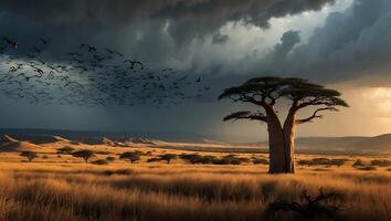 Baobab Tree Stands Tall in Savannah Landscape Under Dramatic Sky photo