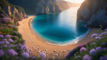 Idyllic Cove with Turquoise Water Flowers and Cliffs Landscape photo
