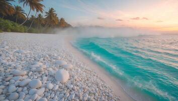 Ocean Wave at Tropical Beach with White Pebbles and Sunset Sky photo