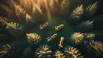 Deer Grazing in Forest Clearing with Sunlight Streaming Through Trees photo