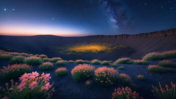 Starry Sky and Mountain Crater Landscape with Wildflowers at Dusk photo