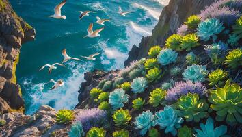 Seagulls Flying Over Coastal Cliffs with Succulents and Ocean View photo