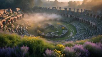 Ancient Amphitheater Ruins with Flowers and Mist in Golden Light photo