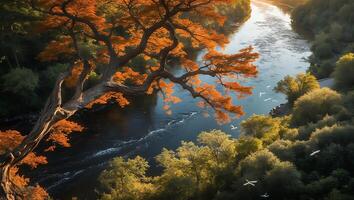 River Scenery with Autumnal Tree and Birds in Serene Landscape photo
