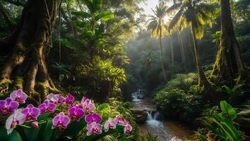 Lush Tropical Forest with Creek and Orchid Flowers in Foreground photo