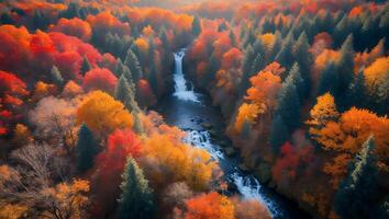 Waterfall Flowing Through Autumn Forest with Colorful Trees From Above photo