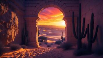 Desert Sunset Through Stone Archway with Cacti photo