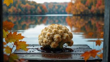 Cauliflower on Dock in Autumn Lake Landscape photo
