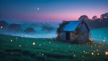 Rustic Barn on Green Field at Twilight with Firefly photo