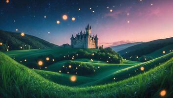 Fairytale Castle on Green Hill at Dusk photo
