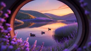 Ducks on Lake Surrounded by Lavender Fields at Sunset photo
