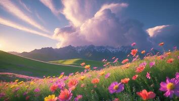 Beautiful flowers and mountains in the background photo