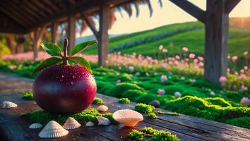 Plum with Seashell on Table in Meadow at Sunset photo