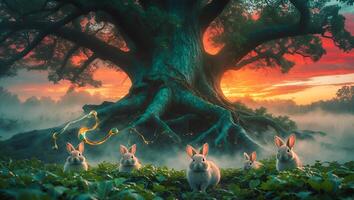 Rabbit Under Tree with Sunset Sky photo