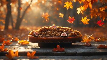 Fig Cake with Crumble Topping in Autumn Leaf Setting photo