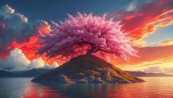 Pink Blossom Tree on Island at Sunset photo