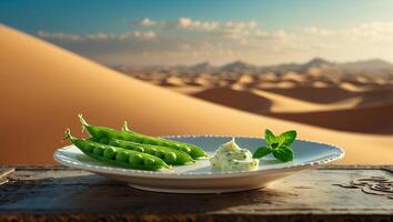 Green Peas with Cream on a Plate in Desert photo