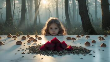Girl with Beets Mushrooms and Seeds in Forest Scene photo
