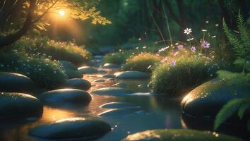 River with Rocks and Flowers at Sunset photo