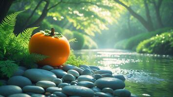 Persimmon Near Stream with Stones and Ferns in Forest Scenery photo