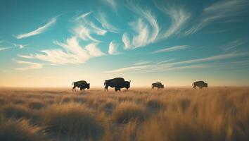 Buffalo Walking on Golden Grass Field with Blue Sky and Cirrus Clouds photo