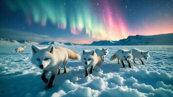 Arctic Fox in Snowy Field Beneath Aurora Borealis photo